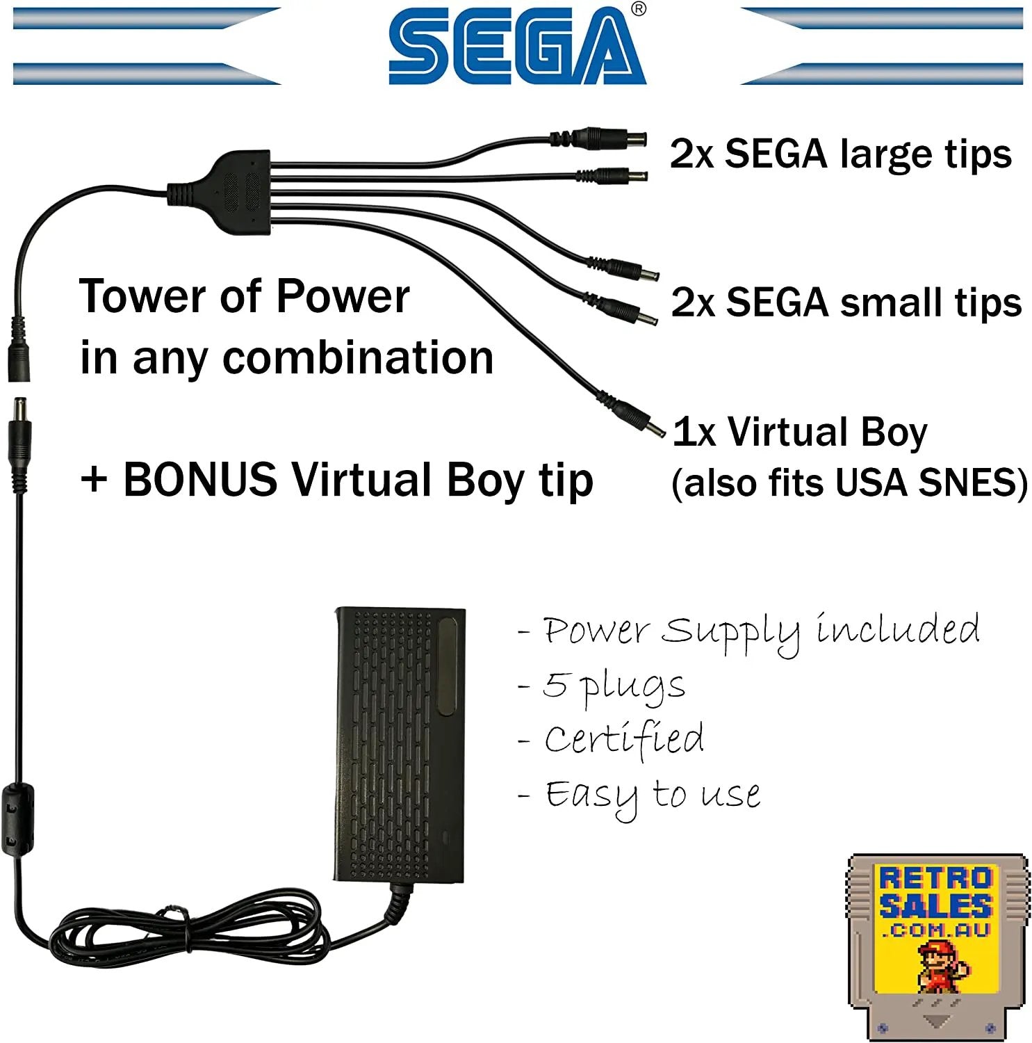 Accessory | Power Supply | Sega Mega Drive CD 32X | Tower Of Power 5 in 1 Adapter Home Game Console Power Supplies Accessory RetroSales.com.au