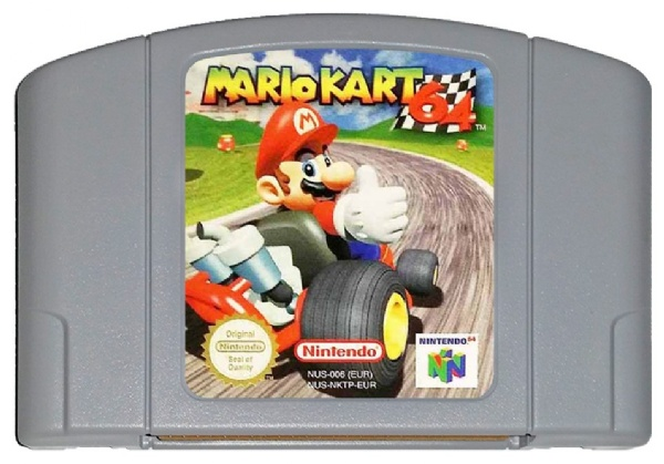 Nintendo 64 Mario Kart 64 game cartridge featuring Mario giving a thumbs up on the label.