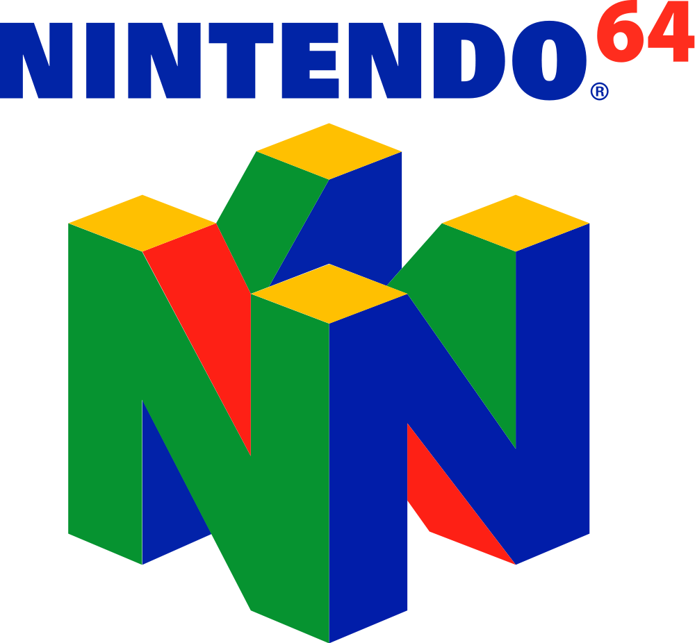 Nintendo 64 logo featuring a 3D multi-colored N block in blue, green, red, and yellow beneath blue brand text.