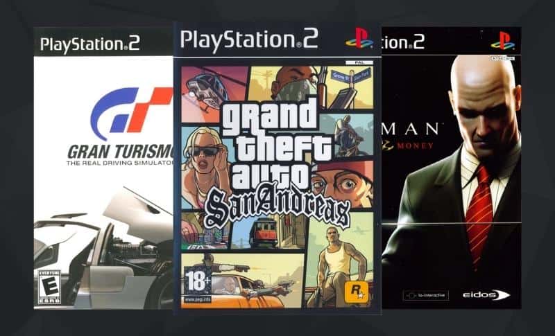 PS2 games bundle featuring Gran Turismo, Grand Theft Auto: San Andreas, and Hitman: Blood Money.