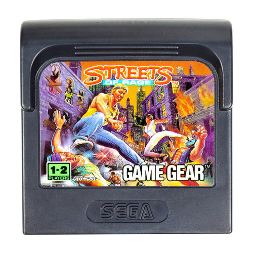 Sega Game Gear game cartridge for Streets of Rage, featuring original 90s handheld action artwork on the label.